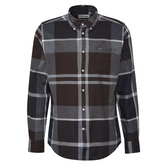 Tartan shirt with black and grey pattern on a white background